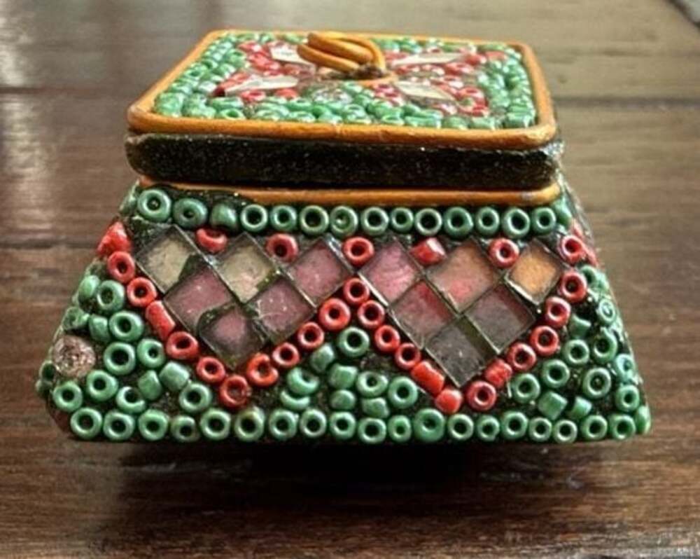 Two's Company Vintage Beaded and Mirrored Square Trinket Box